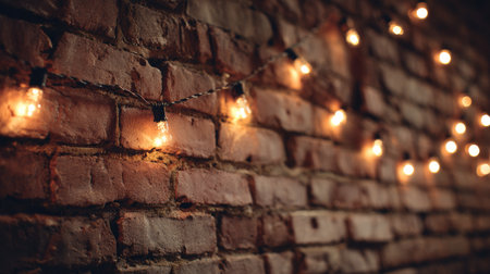 This image captures the enchanting glow of string lights set against a rustic brick wall, creating a warm and inviting atmosphere ideal for cozy environments and artistic decor.の素材
