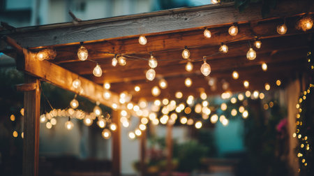 Captivating scene of warm string lights hanging over a rustic wooden pergola, creating a cozy ambiance perfect for evening gatherings in a vibrant garden.の素材