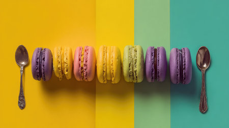 A collection of vibrant macarons in pastel hues elegantly lined up with vintage spoons on a striking background. Ideal for celebrating events and artistic culinary themes.の素材