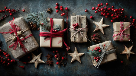 A visually appealing arrangement of beautifully wrapped gift boxes, adorned with natural decorations and festive elements, perfect for any holiday celebration or occasion.の素材