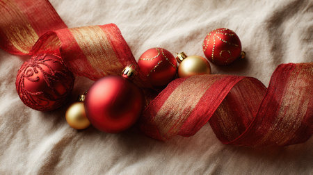 This beautiful arrangement features red and gold Christmas ornaments entwined with sparkling ribbon on a soft fabric background, perfect for festive decor inspiration.の素材
