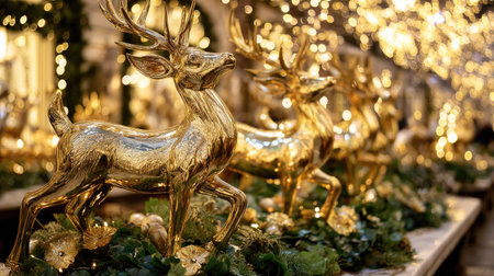 Stunning golden reindeer sculptures enhance a festive display, radiating holiday cheer among twinkling lights and lush greenery in a captivating winter setting.の素材