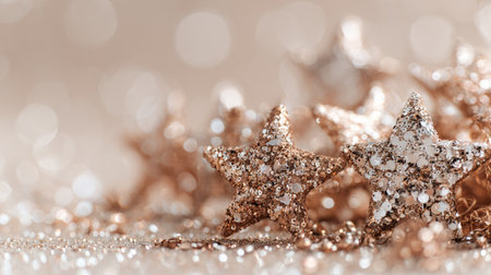 A captivating image of gold and white shimmering stars adorned with glitter, set against a soft bokeh background, perfect for seasonal decor and celebrations.の素材