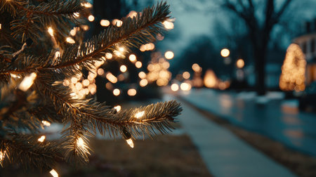 A serene winter scene featuring a close-up of an evergreen branch adorned with glowing holiday lights, set against a softly illuminated street at dusk.の素材