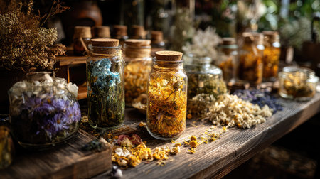 A vibrant display of dried flowers in glass jars resting on a rustic wooden table, ideal for decorative projects or crafts. Nature's beauty captured in a charming setting.の素材