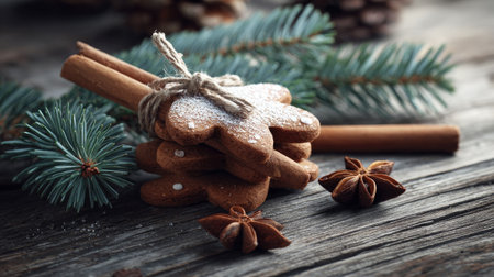 This cozy holiday scene showcases a beautiful arrangement of gingerbread cookies, cinnamon sticks, pine branches, and star anise on a rustic wooden table.の素材