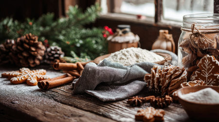 Experience a warm winter baking scene featuring flour, cinnamon sticks, gingerbread cookies, and festive decorations, perfect for holiday preparations and cozy gatherings.の素材