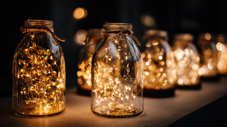 Captivating image of glass jars filled with string lights, creating a warm and inviting atmosphere for cozy interiors and festive holiday decorations.の素材