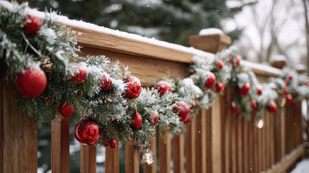 A beautifully arranged Christmas garland with vibrant red ornaments adorns a wooden railing, creating a stunning winter scene filled with festive cheer.の素材