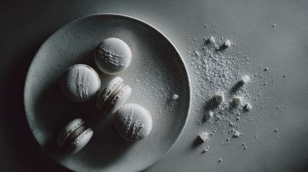 Discover a stunning arrangement of elegant white macarons on a simple plate, enhanced by artistic sugar powder for a luxurious gourmet dessert presentation.の素材
