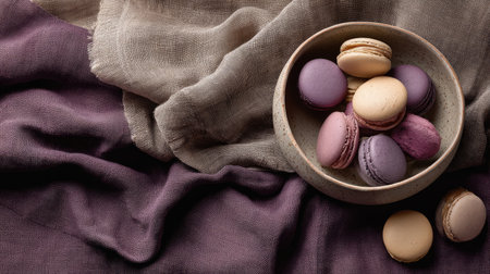 A stunning arrangement of colorful macarons in a bowl rests atop soft, textured fabric, creating an inviting atmosphere ideal for culinary inspiration and desserts.の素材