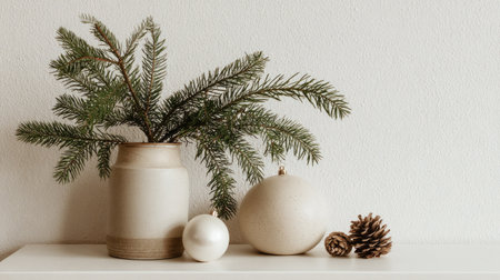 Experience a cozy holiday atmosphere with this minimalist decor featuring pine branches, ceramic vases, and natural elements arranged beautifully on a light background.の素材