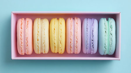 A beautiful arrangement of pastel macarons in a pink box against a soft blue background, perfect for showcasing culinary art, dessert trends, or bakery delights.の素材