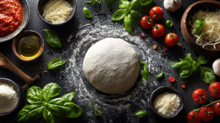 A vibrant arrangement of fresh ingredients illustrates the preparation of homemade pizza, showcasing dough, vegetables, cheese, and herbs on a rustic kitchen surface.の素材
