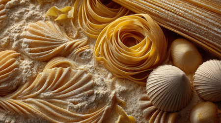 Discover the beauty of fresh artisan pasta, shells, and flour artfully arranged on a wooden surface, showcasing the charm of traditional Italian cooking and culinary arts.の素材