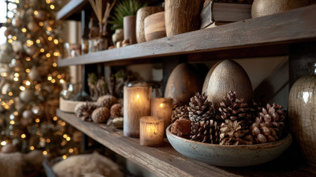 A beautifully arranged rustic shelf features natural elements, warm candles, and pinecones, set against a background of a sparkling Christmas tree, evoking a cozy holiday spirit.の素材