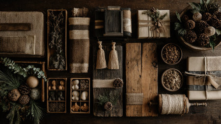 Explore a detailed arrangement of natural rustic decor featuring twine, pinecones, and dried flora, perfect for seasonal creativity and home styling inspiration.の素材