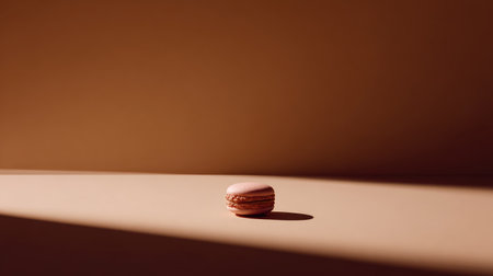 A beautifully crafted pink macaron rests alone on a warm, minimalist surface, showcasing soft shadows and a serene atmosphere, ideal for food photography themes.の素材