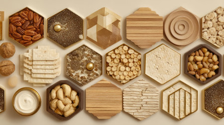 A visually appealing flat lay featuring an assortment of natural ingredients presented in hexagonal containers, showcasing textures and colors ideal for culinary and design inspirations.の素材