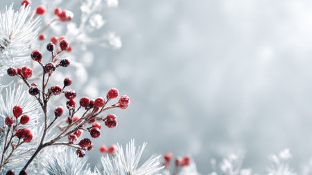 A stunning close-up of frosted berries on a snowy branch, showcasing nature's delicate beauty amidst a soft, hazy background, perfect for winter-themed designs.の素材