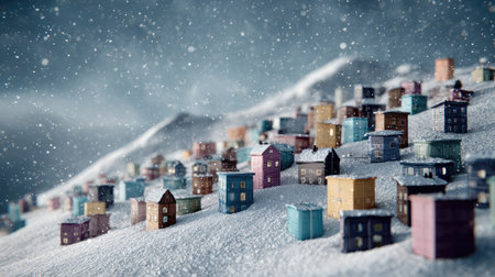 A captivating view of a vibrant collection of miniature houses set against a snowy backdrop, creating a delightful winter scene filled with whimsy and charm.の素材