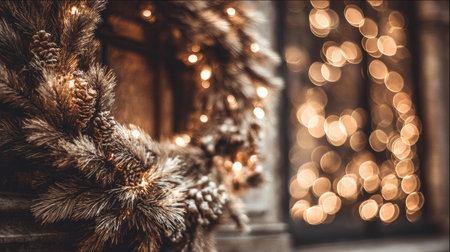 An enchanting view of a festive wreath adorned with warm lights, capturing the spirit of the holiday season in a charming and cozy atmosphere, perfect for celebrations.の素材