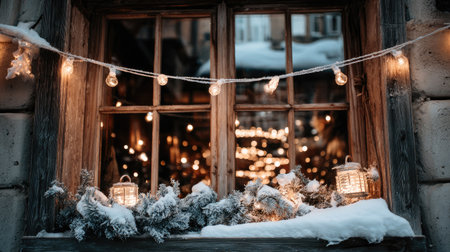 This enchanting winter window scene features twinkling fairy lights and lanterns against a backdrop of snow, inviting warmth and festive cheer to a charming old town.の素材