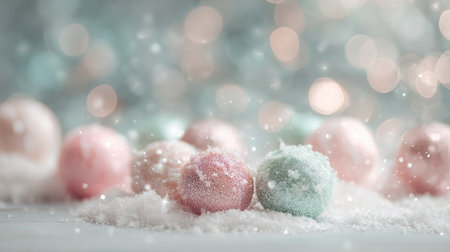 This enchanting image features soft pastel Christmas ornaments dusted with snowflakes, nestled in a blanket of white, creating a serene winter wonderland.の素材