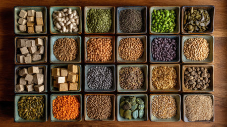 A captivating arrangement of various beans, legumes, seeds, and grains in bowls on a rustic wooden surface, showcasing their vibrant colors and textures, ideal for healthy cooking.の素材
