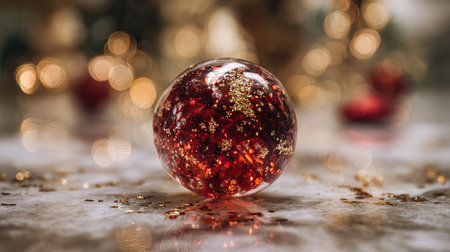 A stunning red ornament with glitter and gold accents sits elegantly on a marble surface, surrounded by a bokeh background, perfect for holiday cheer and seasonal decor.の素材