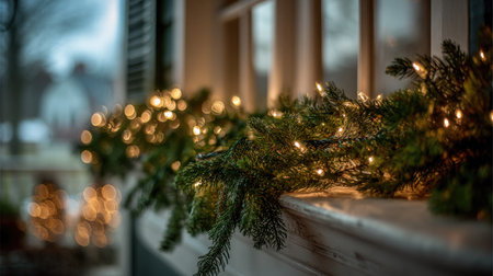 A close-up view of a beautiful green holiday garland adorned with soft glowing lights on a wooden window sill, bringing warmth and cheer to winter celebrations.の素材
