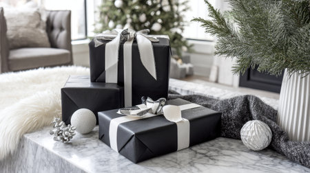 A beautifully arranged scene featuring elegant wrapped gifts in black and white, creating a festive atmosphere in a cozy living room decorated for the holiday season.の素材