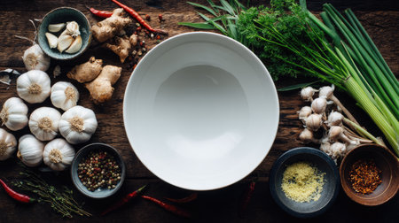 A variety of fresh herbs and spices surrounding an empty bowl, perfect for food preparation in a rustic kitchen setting. Ideal for cooking enthusiasts.の素材