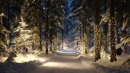 A captivating view of a snowy forest pathway adorned with sparkling lights, creating a magical atmosphere perfect for winter walks and holiday celebrations.の素材