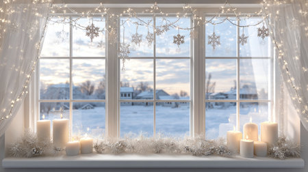 A beautifully designed winter window scene captures a snowy landscape and festive decor with white candles and twinkling lights, creating a cozy atmosphere.の素材
