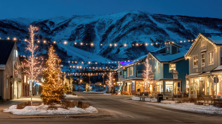 A charming winter village scene at dusk, featuring snow-covered mountains, twinkling holiday lights, and a peaceful atmosphere filled with festive warmth.の素材