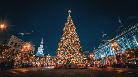 A captivating view of a large Christmas tree adorned with sparkling lights in a lively city square at night, capturing the beauty and joy of the festive season.の素材