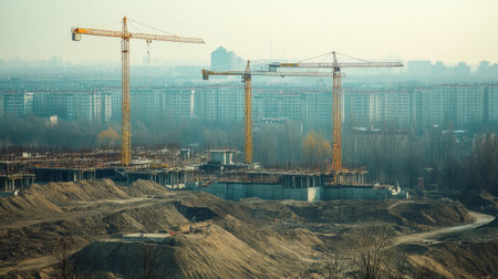 A wide view of a construction site featuring multiple cranes and a developing urban landscape. The scene highlights ongoing construction efforts and architectural progress.の素材