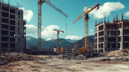 Dynamic construction scene showcasing cranes, earthmovers, and mountains, illustrating urban development and progress in a modern landscape with clear skies.の素材