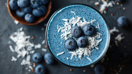 A delightful blueberry smoothie topped with coconut flakes and fresh berries, perfect for a nutritious breakfast or snack. The rustic background enhances its vibrant appearance.の素材