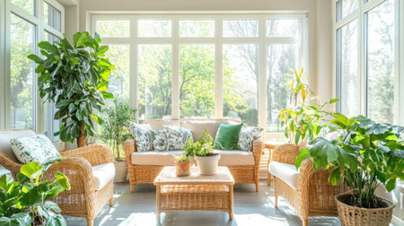 A beautiful sunroom filled with vibrant plants, cozy seating, and abundant natural light, creating a serene environment ideal for relaxation and inspiration.の素材