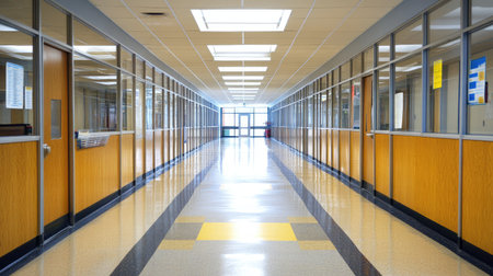 A bright and spacious school hallway showcasing glass windows and polished floors, perfect for visualizing educational environments and academic themes in various projects.の素材