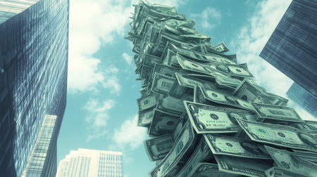 A dramatic representation of a towering stack of cash reaching for the sky, set against modern skyscrapers and a vibrant blue sky, symbolizing wealth and ambition.の素材