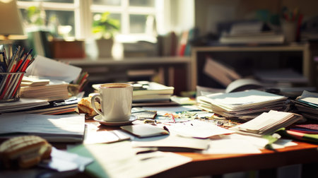 A bright and inviting workspace filled with clutter, featuring a coffee cup, scattered papers, and organized chaos that inspires creativity and productivity.の素材