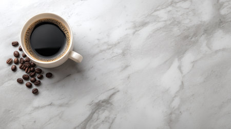 A sophisticated scene featuring a dark black coffee cup next to roasted coffee beans on a marble surface. Perfect for showcasing lifestyle, warmth, and elegance.の素材