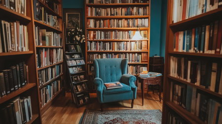 A cozy reading nook in a vintage library features a blue armchair surrounded by wooden bookshelves filled with books. Soft lighting creates a warm atmosphere.の素材