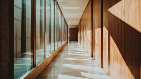A serene and inviting modern hallway featuring floor-to-ceiling glass walls and sleek wooden panels. Soft sunlight creates natural patterns and reflections.の素材