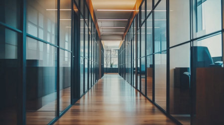 A modern office hallway featuring glass walls and wooden flooring, designed to enhance professionalism and comfort, ideal for fostering collaboration and creativity.の素材