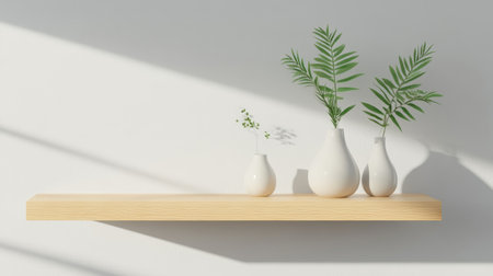 A modern minimalist shelf showcasing elegant white vases filled with fresh green plants. This design embodies simplicity and tranquility for any home interior.の素材