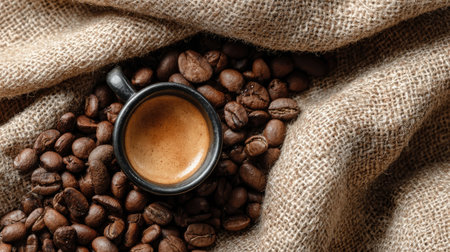 This image showcases an elegant black cup filled with rich espresso, surrounded by dark roast coffee beans on a natural burlap backdrop, evoking warmth and comfort.の素材
